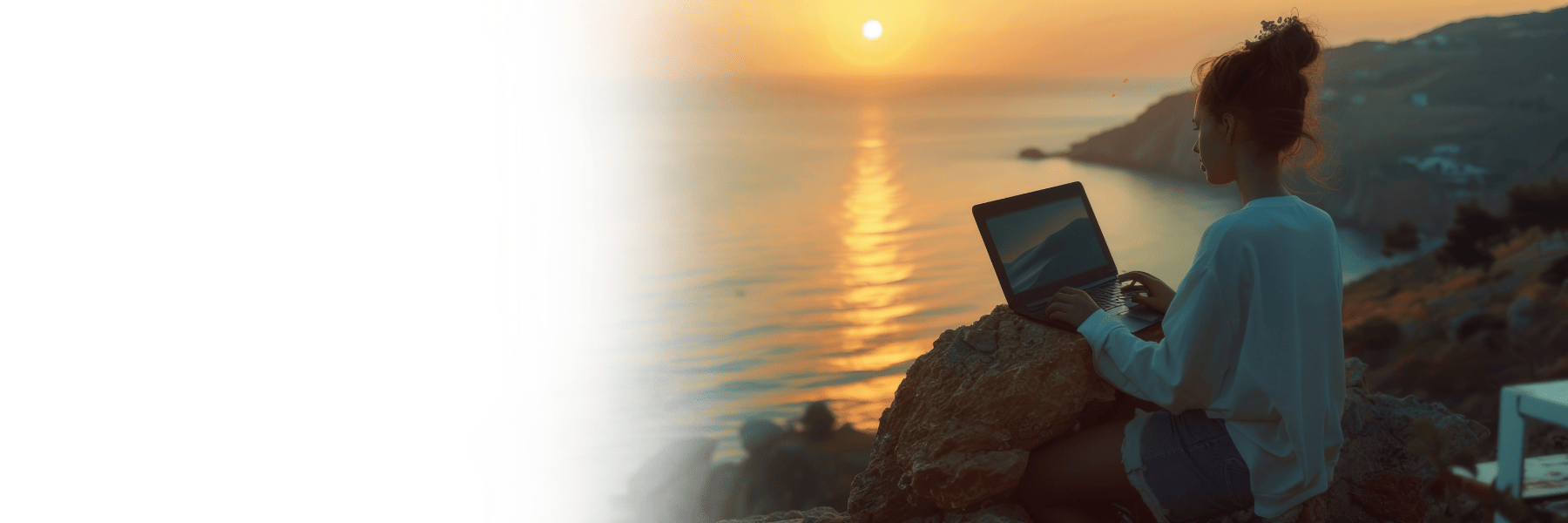 woman sitting near ocean getting online therapy